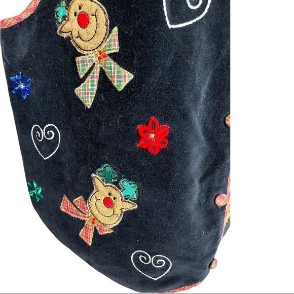 Vintage Black Velvet Button Up Christmas Vest - Picture 3 of 5